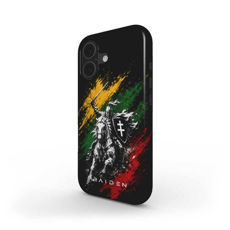 Telefono dėkliukas „Trispalvės Karys“ su Vyčio raiteliu ir Lietuvos trispalvės spalvų potėpiais ant juodo fono.