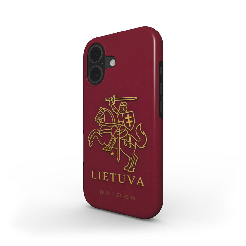 Bordo telefono dėkliukas „Vyčio Pasas“ su auksiniu Vyčiu ir užrašu LIETUVA, pavaizduotas kampu ant balto fono.