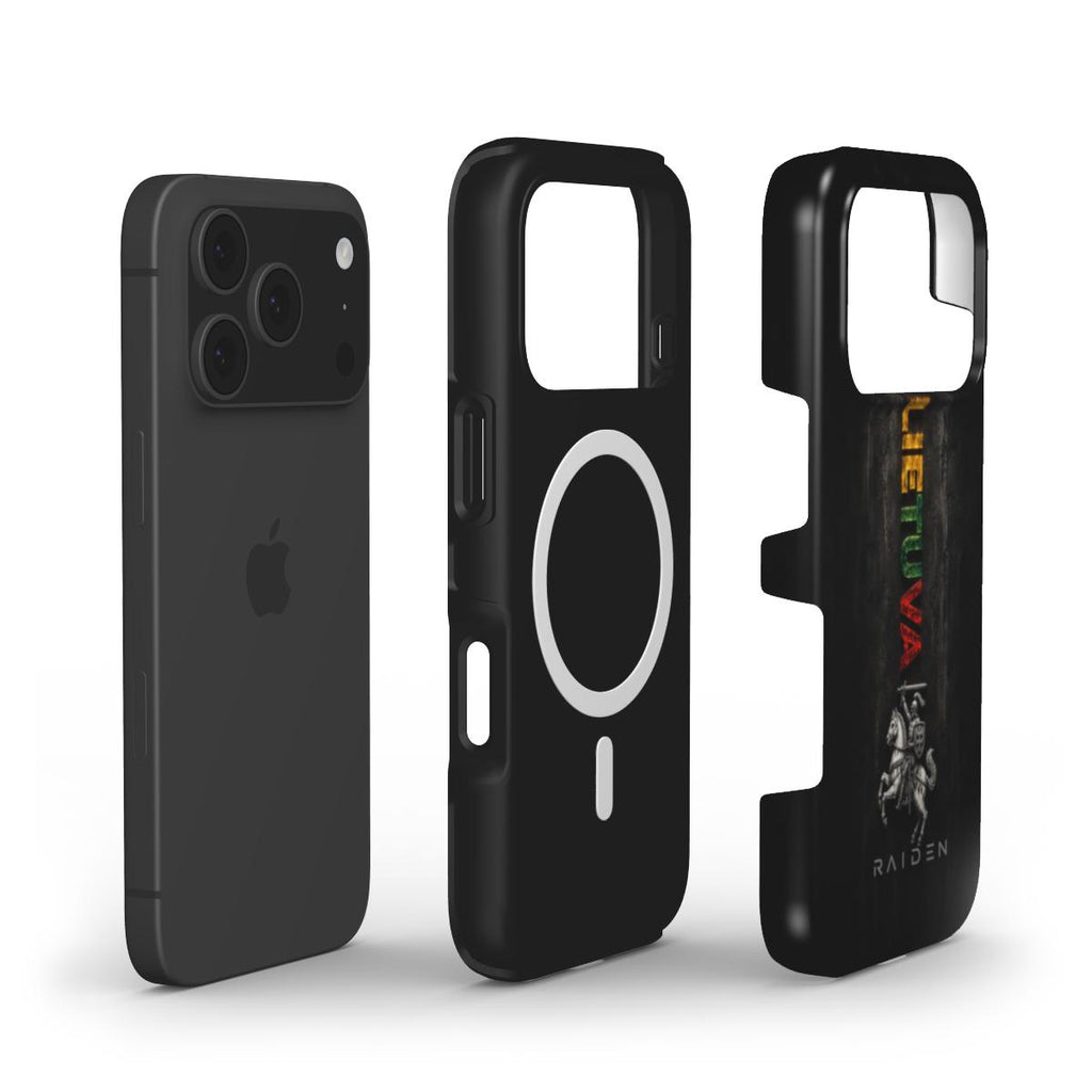 „Lietuva Vytis“ MagSafe telefono dėkliuko konstrukcijos vaizdas su integruotu magnetiniu žiedu ir lietuvišku dizainu.