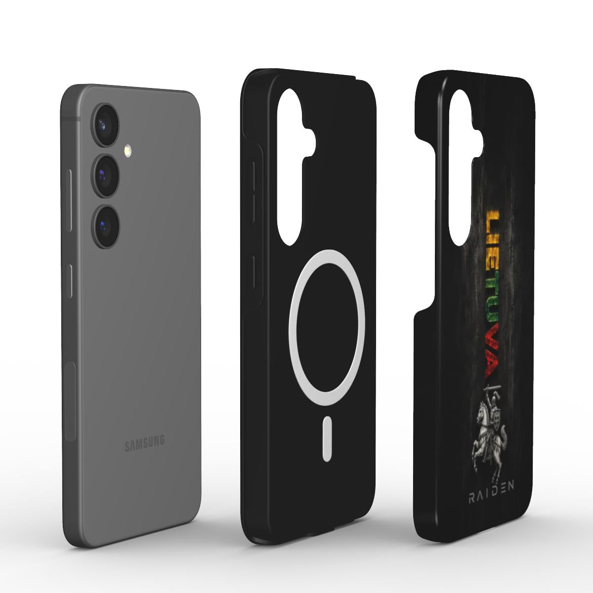 „Lietuva Vytis“ magnetinio telefono dėkliuko konstrukcijos vaizdas su integruotu magnetiniu žiedu ir lietuvišku dizainu.