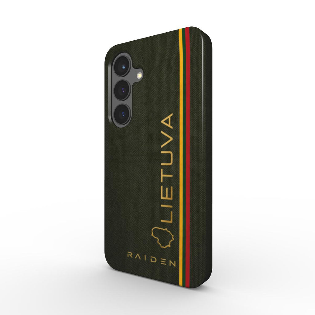 „Trispalvės Linija“ žalias magnetinis telefono dėkliukas su LIETUVA užrašu, Lietuvos kontūru ir trispalvės juosta.